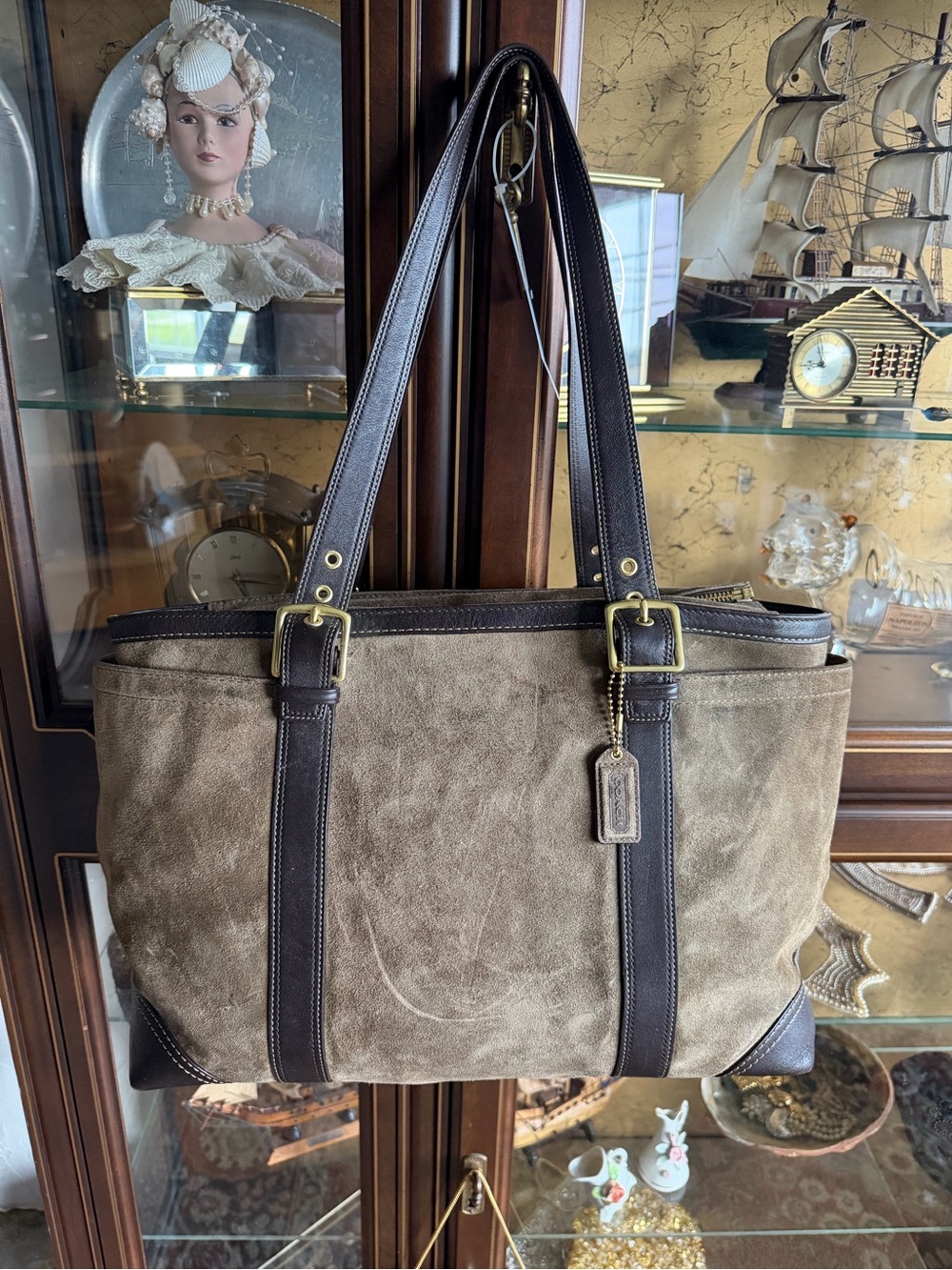 vintage Coach Carly taupe suede and leather shoulder tote featuring dark brown l